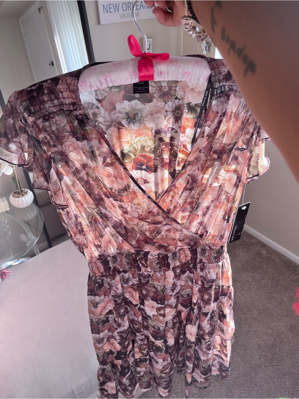 NWT Stella & Julie Floral Wrap-Front Women's Dress in Brown and Pink